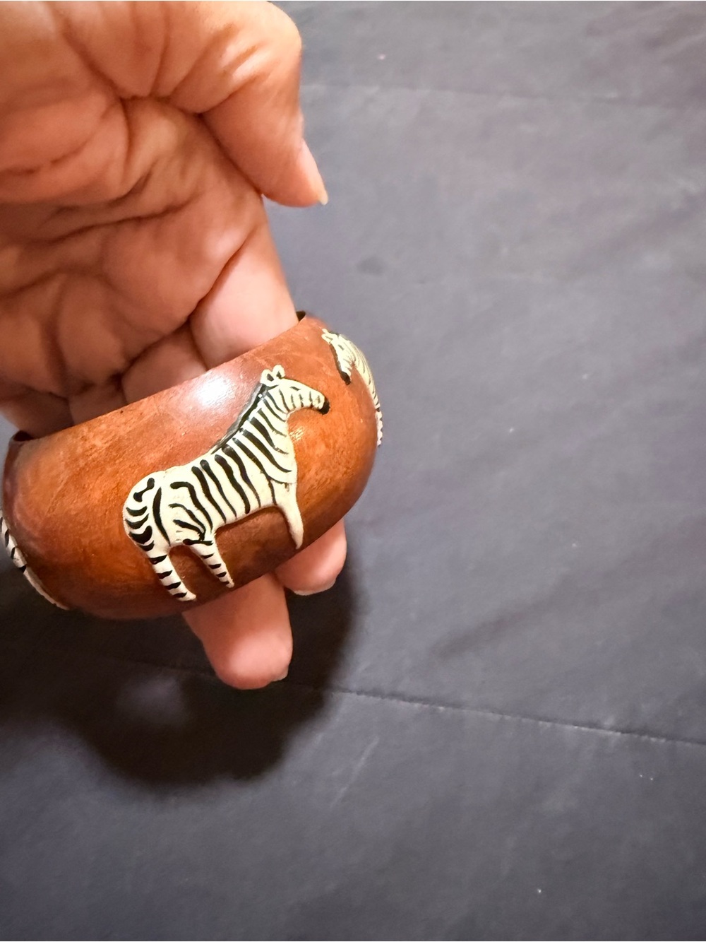 Handcrafted Zebra Inlay Wooden Bangle - Brown
